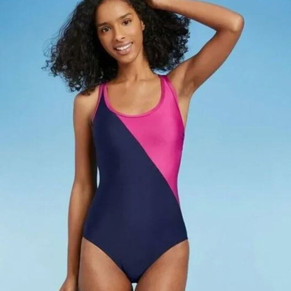 ALL IN MOTION Magenta Navy One Piece Swimsuit Large Modest Full Coverage Beach